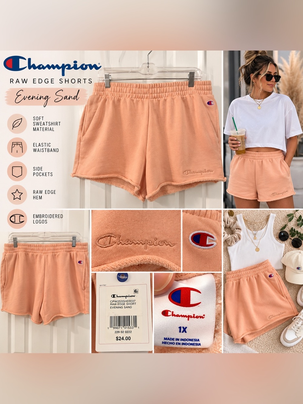 New with tags Champion Raw Edge Shorts in the gorgeous Evening Sand peach/coral